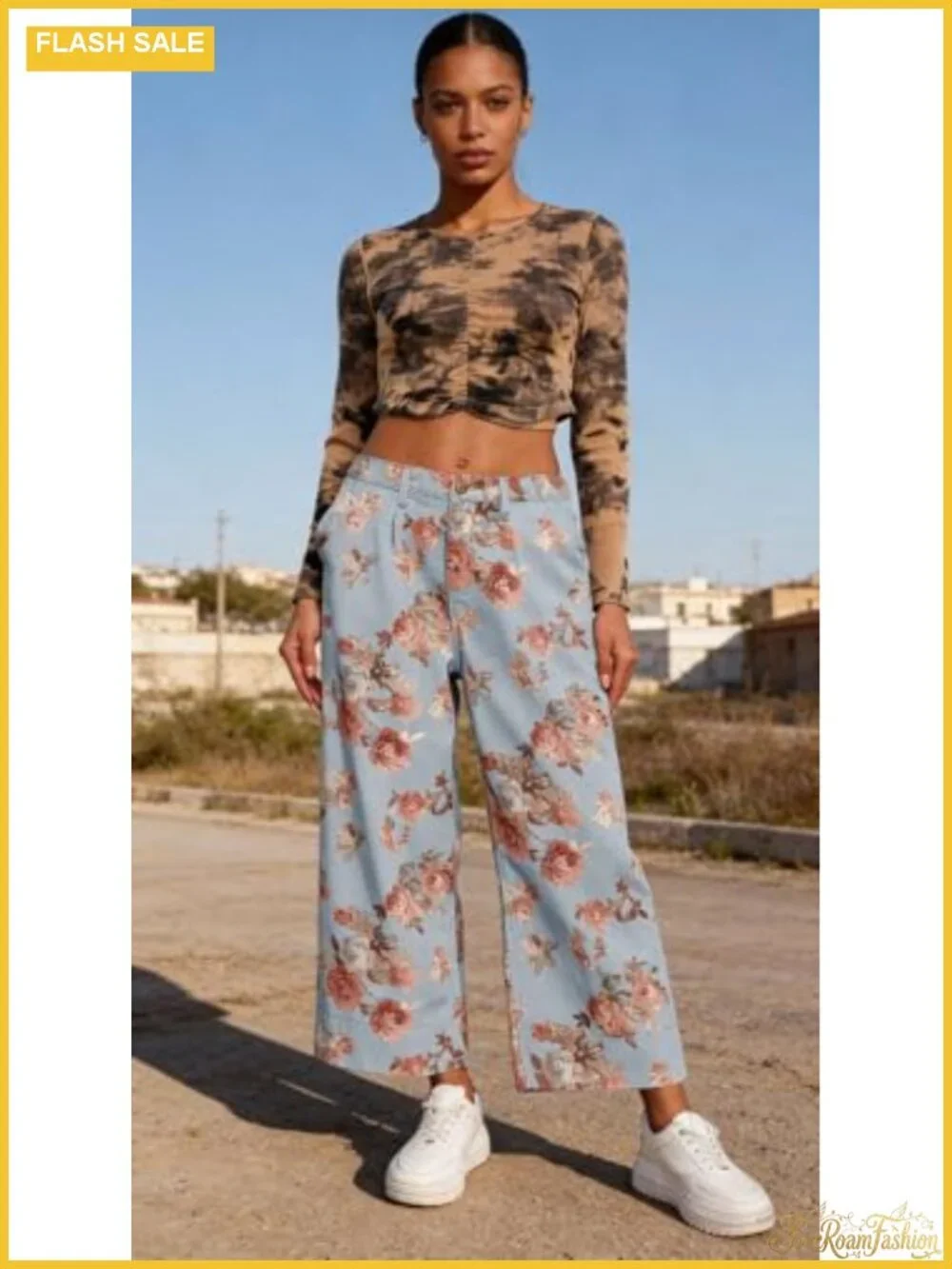 Wide Leg Cropped Floral Denim Jeans Boho Palazzo Pants